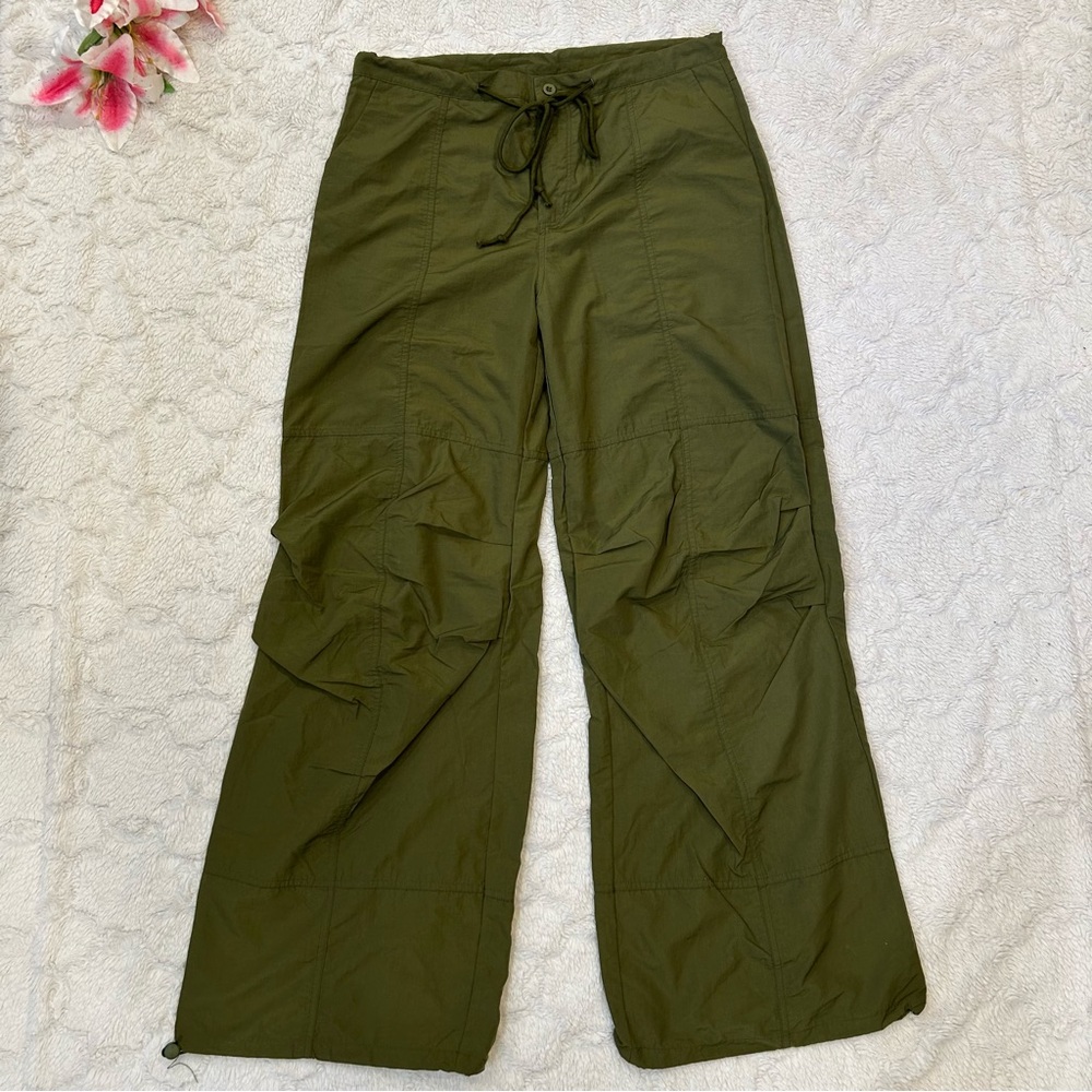 Mimosa - 'Raina' Wide Leg Nylon Drawstring Olive Military Green Pants - Large L